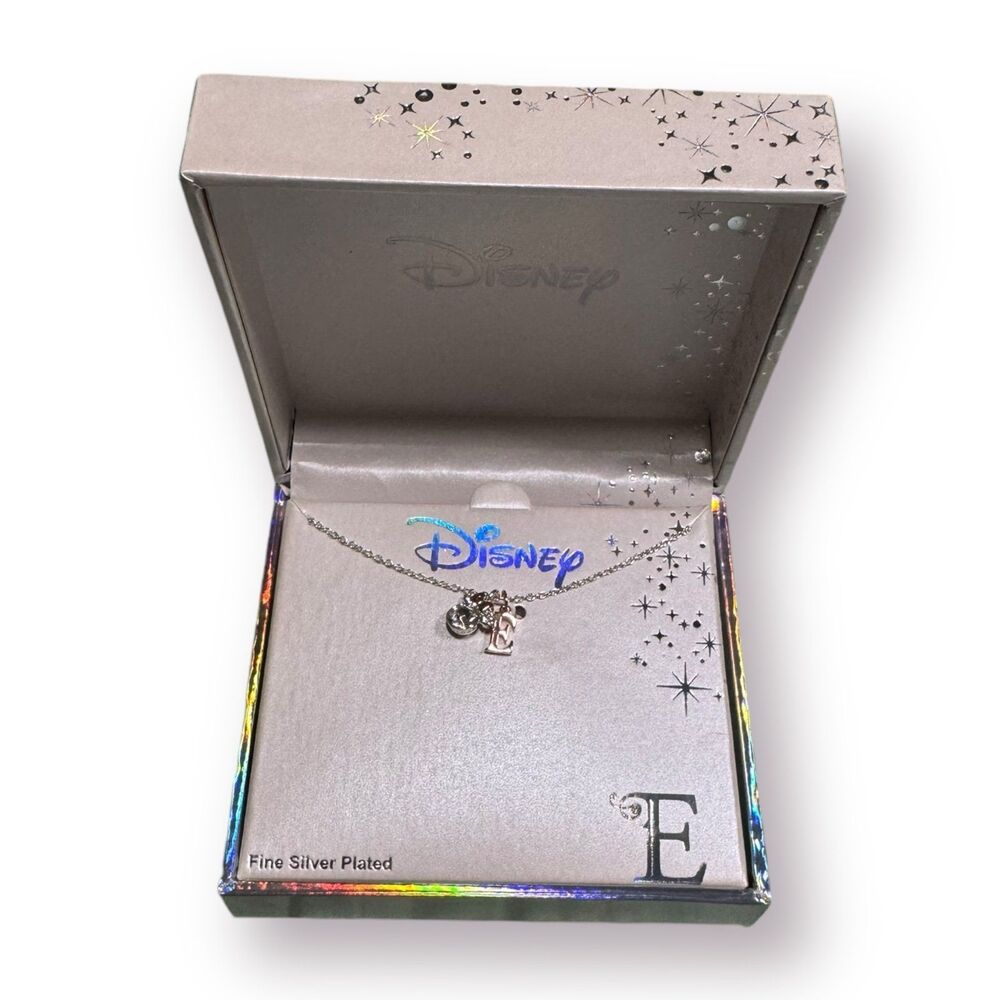 Disney Fine Silver Plated Necklace letter “E” with Crystal Mickey Charm‎ Rare